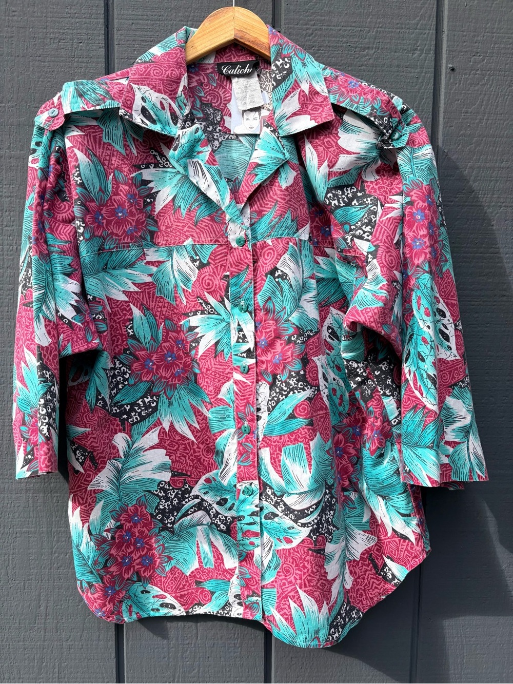 Caliche Tropical Floral Button-Up Shirt in Teal & Magenta Sz L